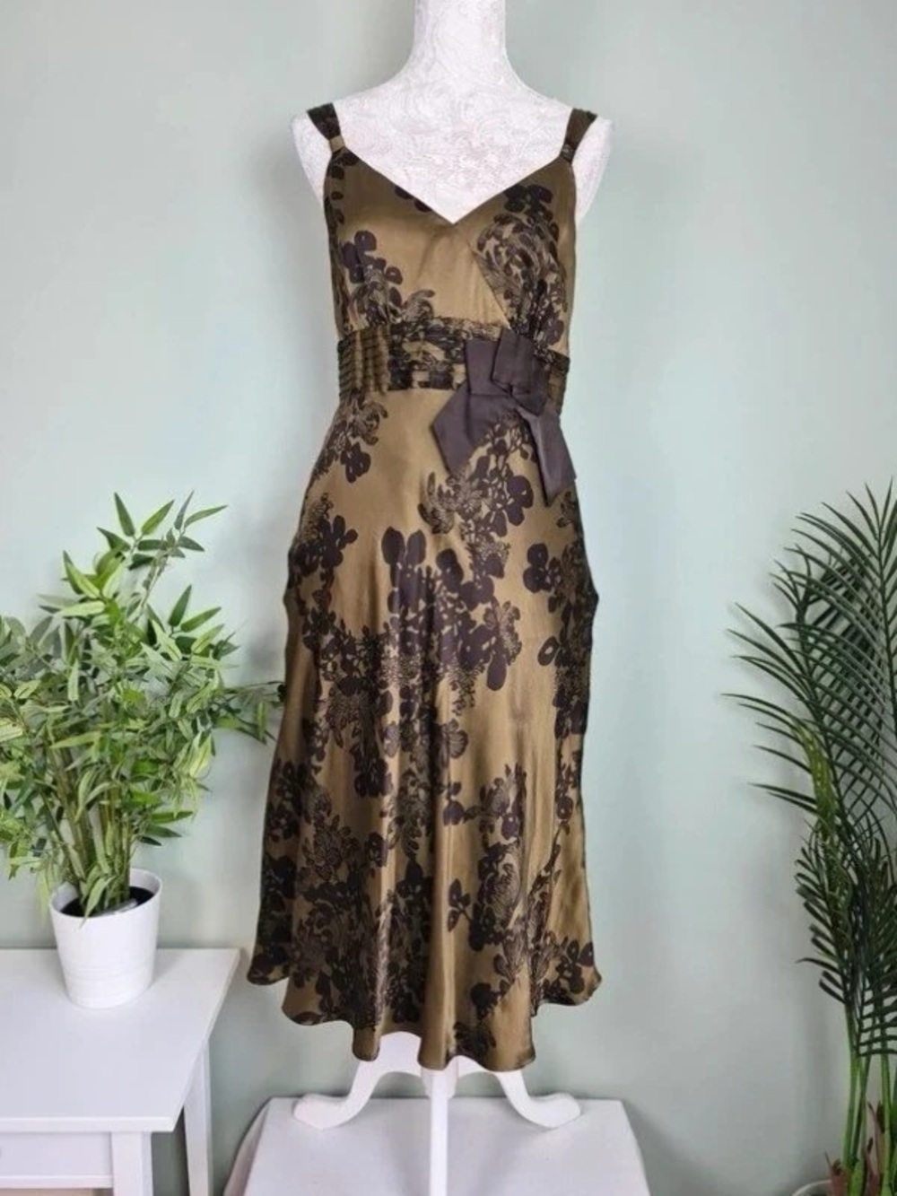 Olive Green Floral Satin Maxi Dress with Waist Bow Detail